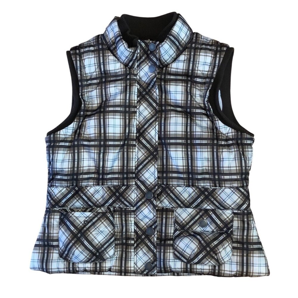 Tribal Vest Plaid Sleeveless Puffer Size 14 Snap Zipper Pockets Brown Beige Blue